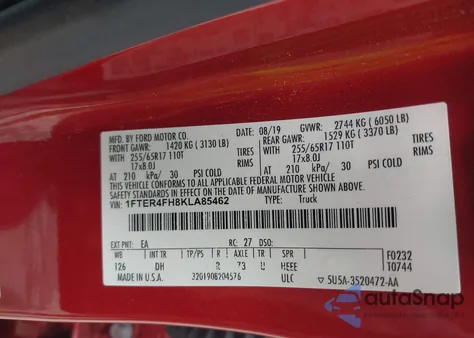 2019 Ford Ranger Lariat z USA, uszkodzony, nr VIN 1FTER4FH8KLA85462